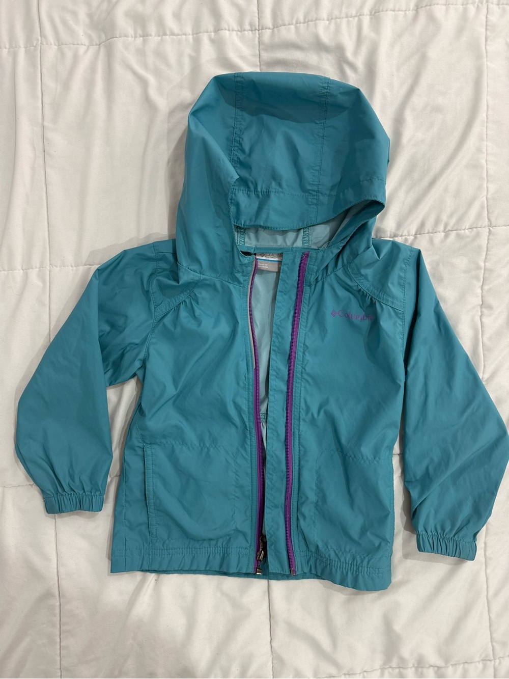 Columbia Kids Teal Hooded Rain Jacket with Purple Trim